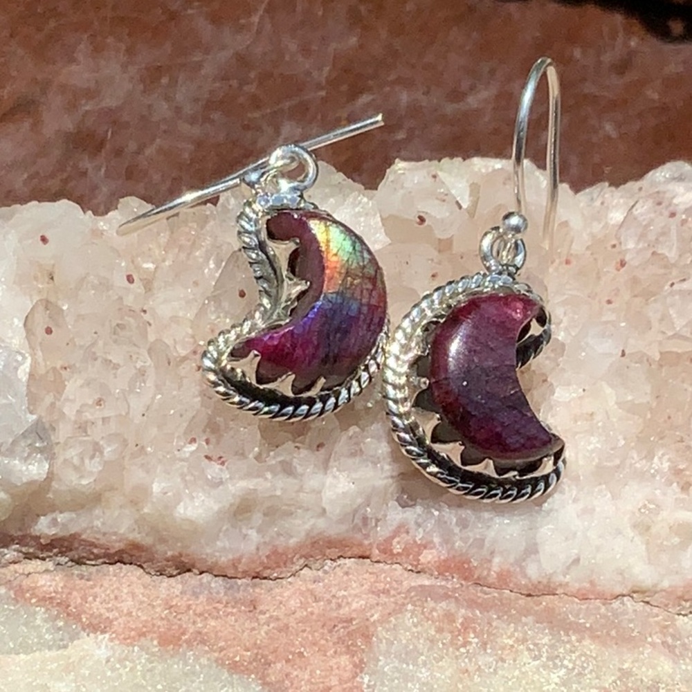 RED FLASH LABRADORITE CRESCENT MOON 925 STERLING SILVER EARRINGS